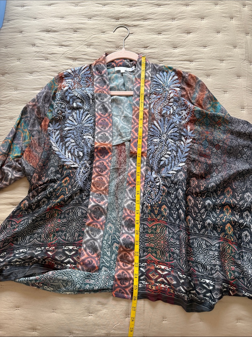 Boho Paisley Open Kimono Silk Hand Embroidered Cardigan in Rust, Teal & Gray - Picture 6 of 7